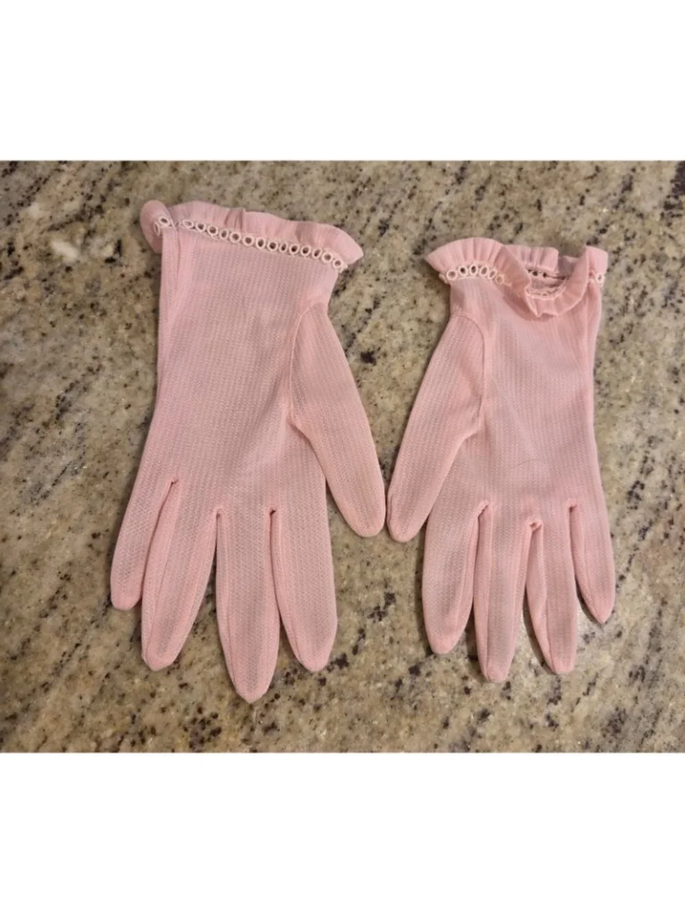 Vintage Womens Size L/XL Pink Nylon Formal Gloves Ruffle Wrist
